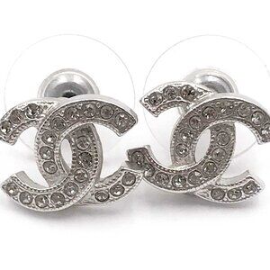 Chanel Classic Silver CC Crystal Reissued Piercing Earrings